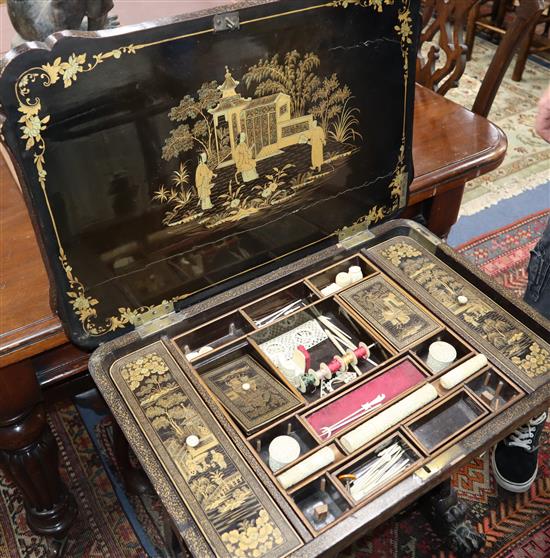 A 19th century Chinese export lacquer work table, W.64cm, D.44cm, H.72cm